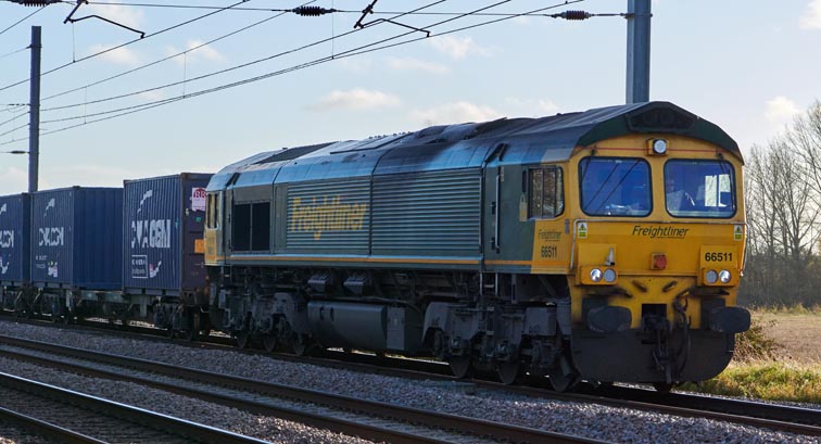 Freightliner class 66511 on the down slow at Abbots Ripton on the 2nd of November in 2020