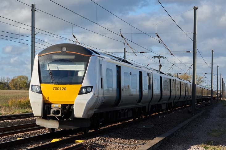 ThamesLink Class 700 120  at Abbots Ripton on the 2nd of November in 2020