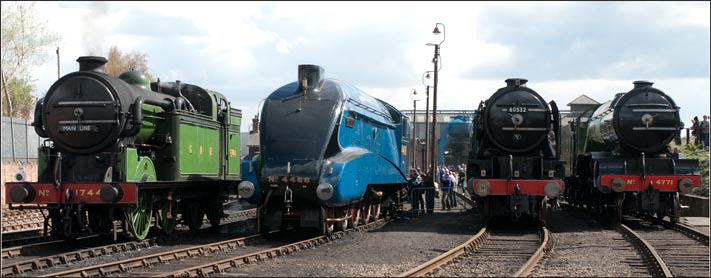 GNR N2 1744 and LNER A4 4468 and LNER A2 60532 and LNER 4771 at Barrow Hill Shed