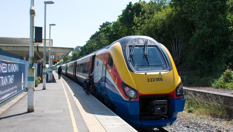 East Midlands Trains class 222 008 at Corby station on 11th June in 2015