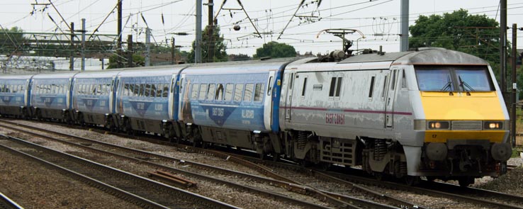 East Coast class 91117 at Doncaster station with the Sky mark 4s 