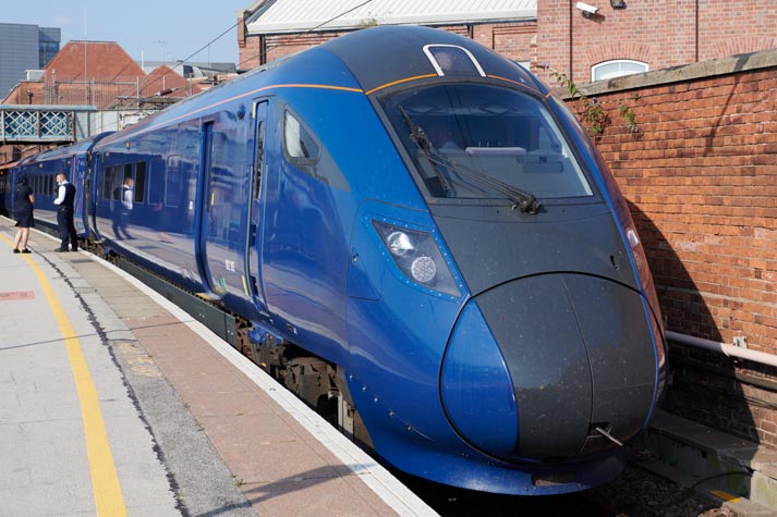 Class 802 35 at Doncaster station in platform 1 on the  7th of September 2021