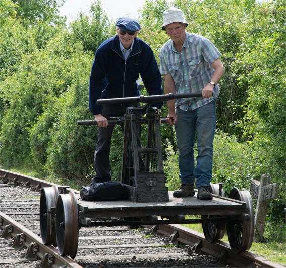 Pump trolley on the garden line at Gotherington station