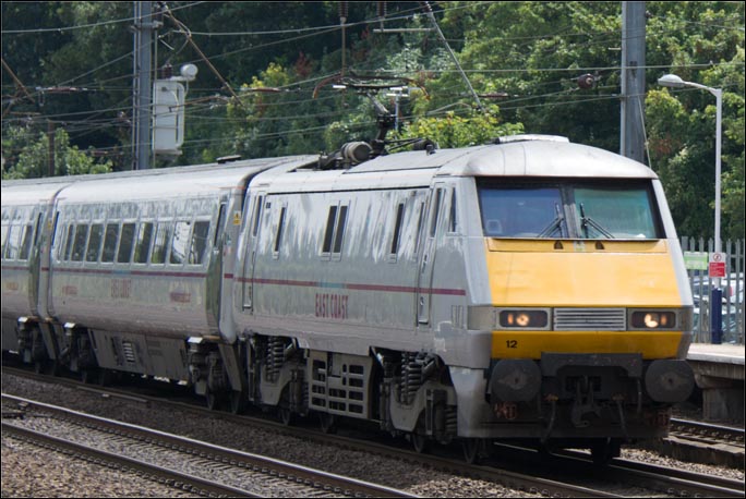 East Coast class 91112 on the down fast at Hitchin station on the 1st of August 2014