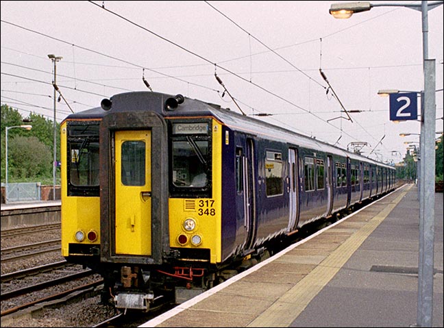 West Anglia Great Northern class 317348 comes into Hitchin station on train to Cambridge in 2004