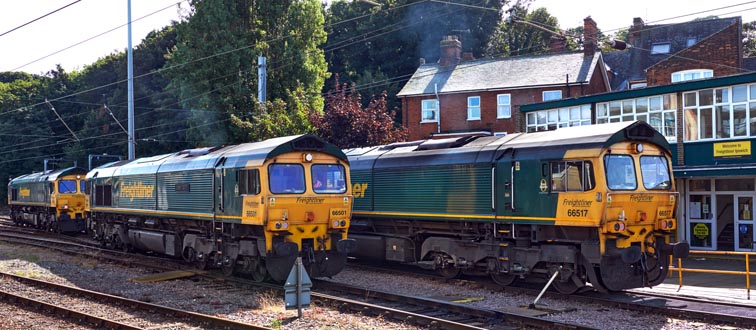 Three class 66s Frightliner Depot at Ipswich station 