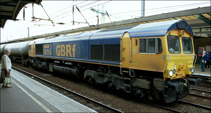 GBRf class 66714 in the middle road at Ipswich station in 2005 with a train of tank wagons. GBRf class 66714 in the middle road at Ipswich station in 2005 with a train of tank wagons.