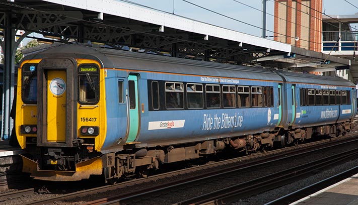 Greater Anglia 156417 in Ipswich station with a train to Saxmundam.  