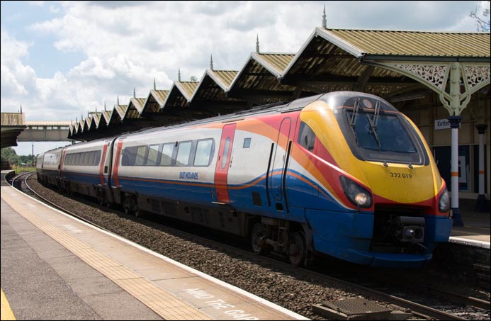 East Midland Trains class 222019 with a down train at Kettering station in 2014 East Midland Trains class 222019 with a down train at Kettering station in 2014