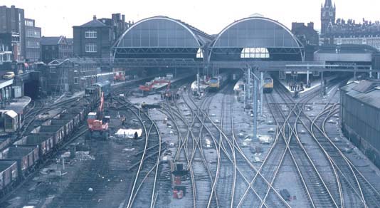  Over view of Kings Cross station in BR days while work goes on to alter the track layout at Kings Cross with station still working. 