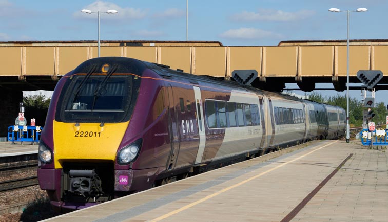 EMR Intercity class 222011 into at Leicester station on the 22nd September 2021