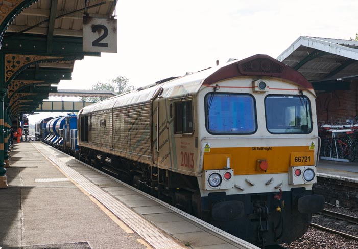 GBRf class 66721 at  March station on rear of the railhead treatment 
