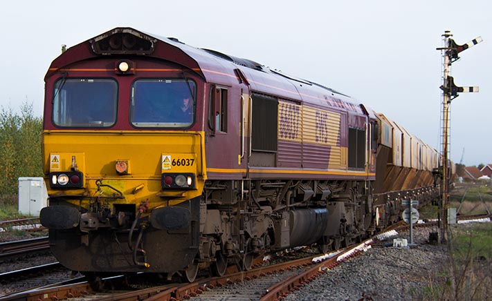 Class 66037 coming out of March South Yard on the 16th of October 2014