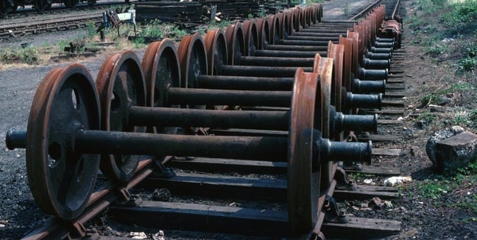 Wagon wheels lined up at Whitemoor yard.   