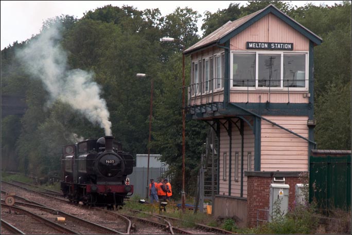 GWR class 57XX pannier tank locomotives 9600 and 7752 (LT94) near to Melton Station signal box 