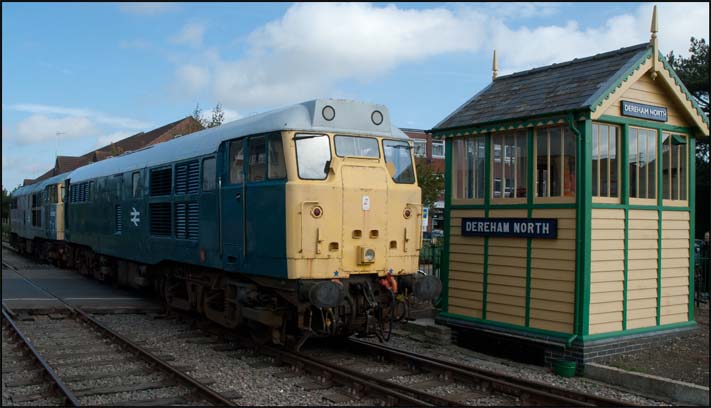 Two class 31s light engines next to the Dereham North box 