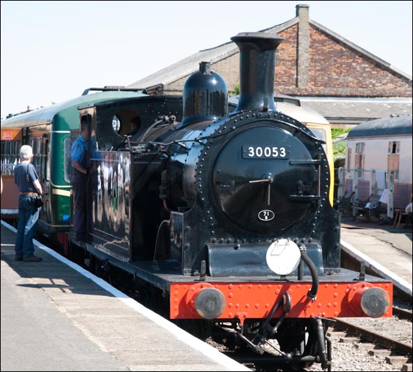 Drummond 0-4-4T Class M7 steam locomotive no.30053 at Dereham station on the 19th of July 2013