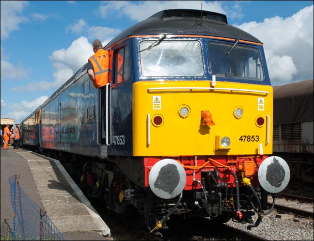 Direct Rail Services class 47853 waits for the off in Dereham station