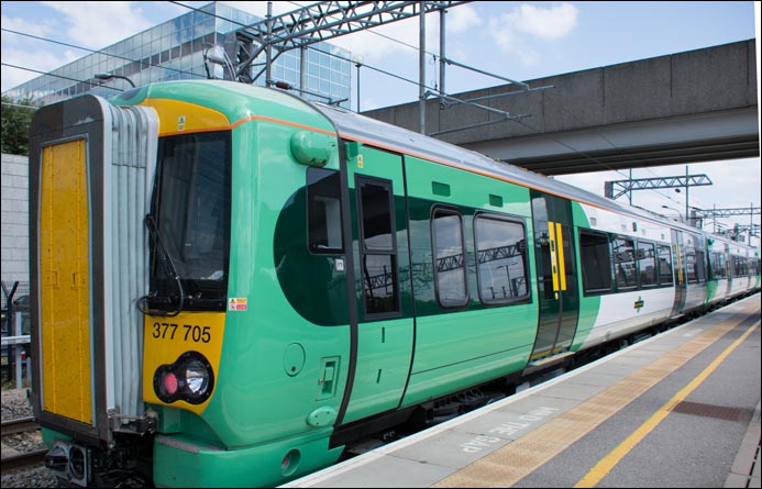 Southern class 377 705 in the bay at  Milton Keynes Central station on the 22nd of July 2014
