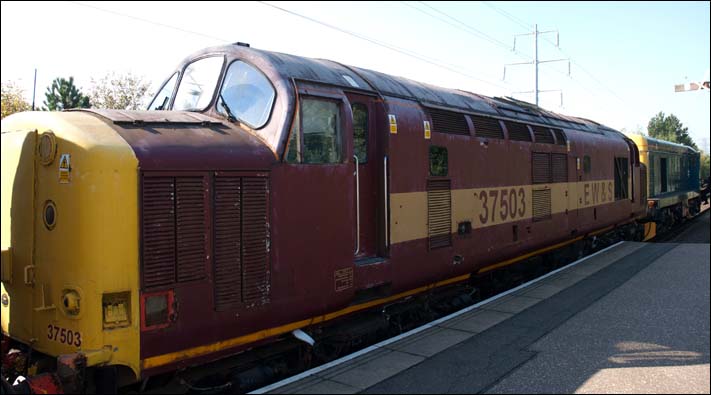 Class 37503 in worn EW and S colours and class 20 107 at the NVRs Peterborough station on Friday 30th of September 2011 