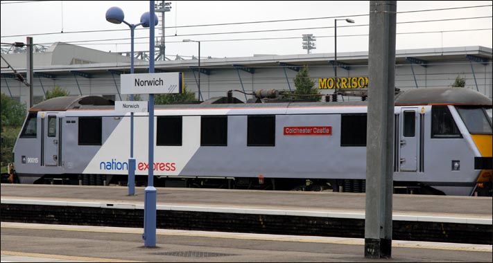 National Express East Anglia class 90015 named Colchester Castle at Norwich station