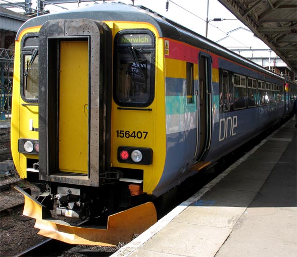 class 156407 at Norwich station in 2005. One class 156407 at Norwich station