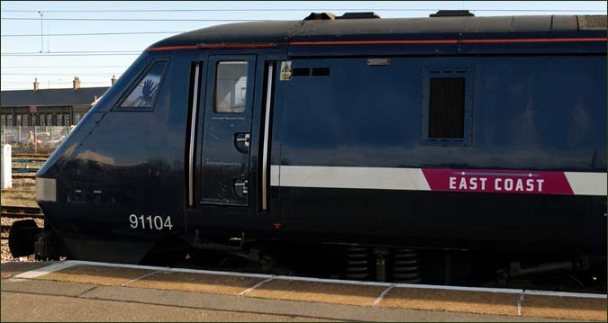 East Coast 91104 in platform 4 at Peterborough 