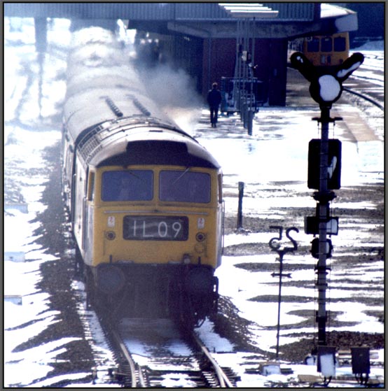 On a very different day a class 47 starts out from platform 4. 