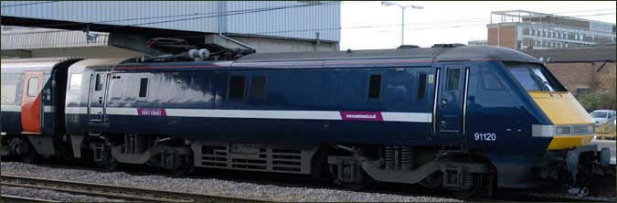 East Coast 91120 in platform 4 at Peterborough 