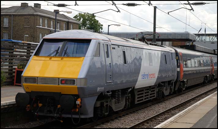 NXEC 91111 at Peterborough in new NXEC colours June 2008