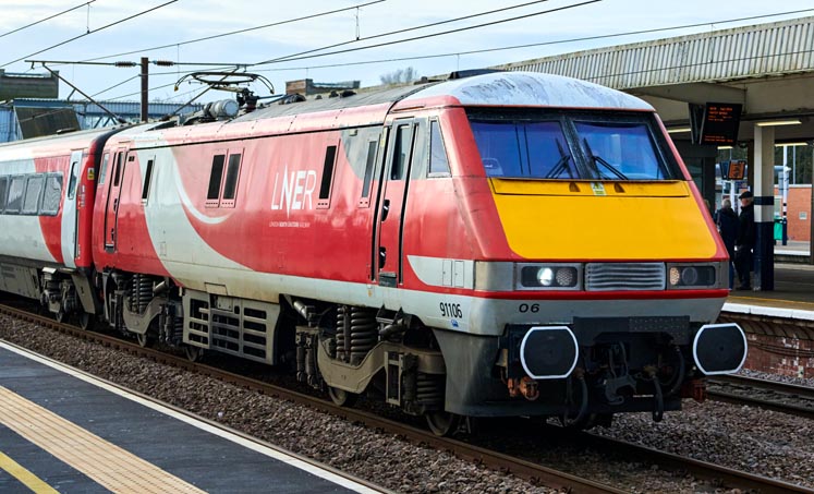 LNER class 91106 on the down fast on the 12th February in 2022