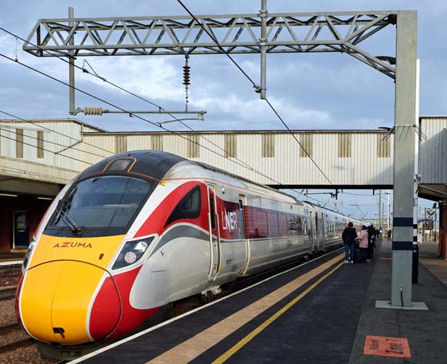 LNER Azuma 800 103 in platform 3 on the 12th February in 2022 . 