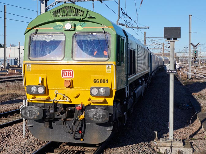 DB class 66004 coming into platform 5 at Peterborough station on 13th January 2022