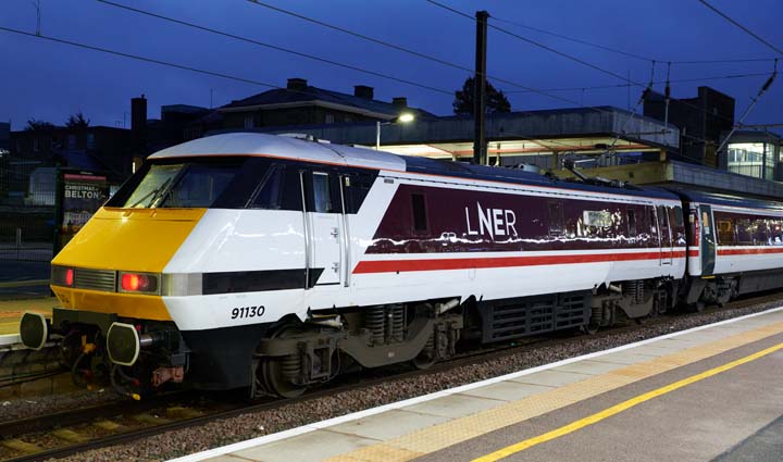 LNER class 91130 in platform 1 at Peterborough station 