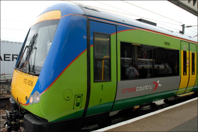 Cross Country class 170636 in platform 5 at Peterborough railway station