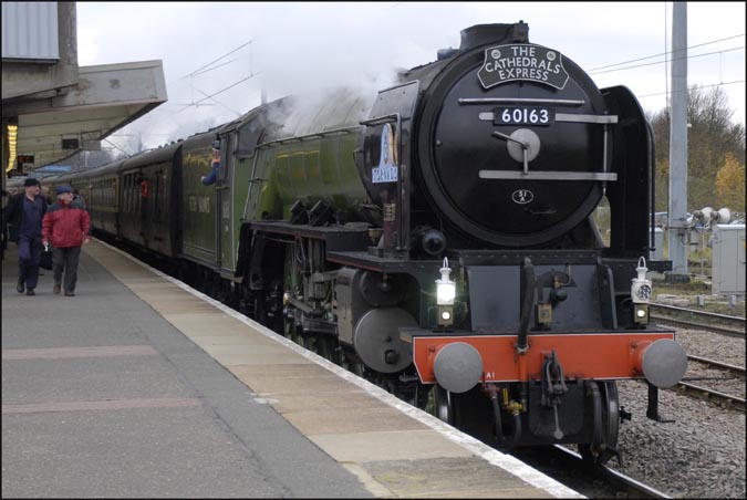 A1 4-6-2 number 60163 Tornado in platform 5 at Peterborough station on Thursday 25th November 2010