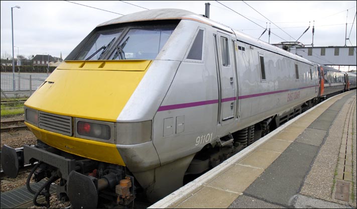 East Coast 91101 in platform 3 at Peterborough station on 25th November 2010  