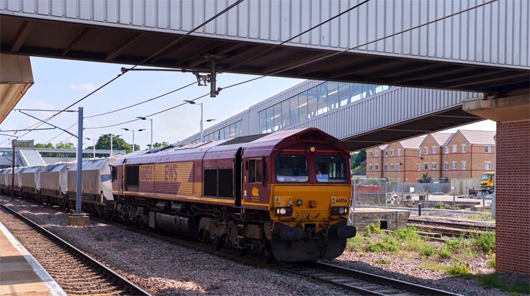 DB class 66536 in platform 6 at Peterborough station on the 22nd of July 2021