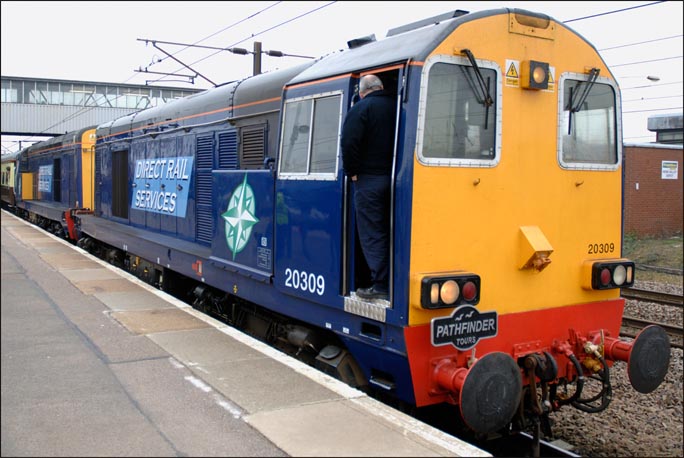 DRS class 20309 and DRS class 20308 in platform 4 at Peterborough station on 5th March in 2011