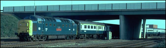 Class 55 Deltic on a down train under the A47 road bridge at Walton in Peterborough