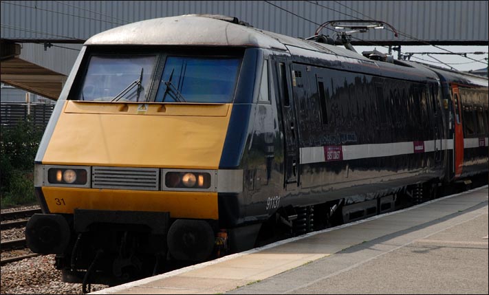East Coast class 91131 comes into platform 4 on 26th October in 2010  