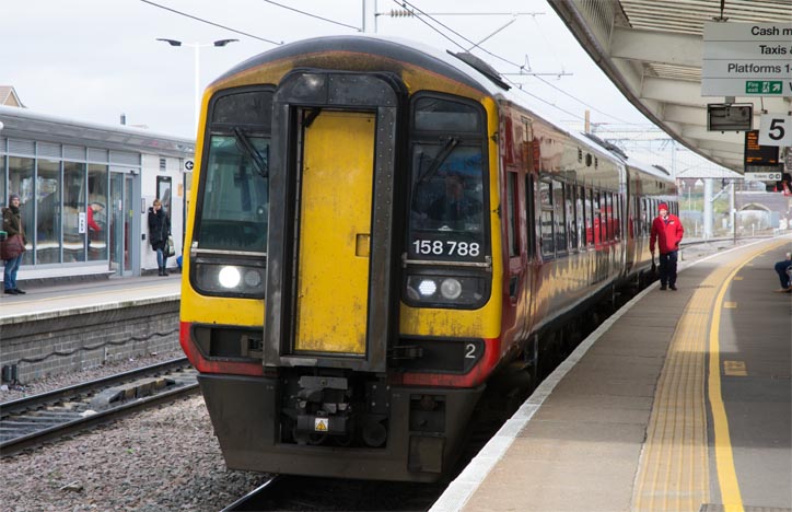 EMR class 158788 in platform 5 at Peterborough station 