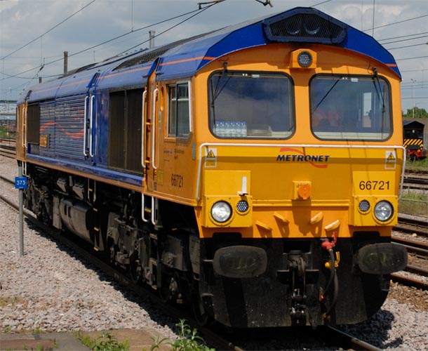 GBRf class 66721 in platform 4 at Peterborough light engine