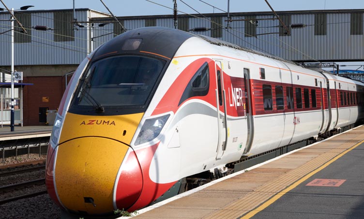 LNER Azuma 800 207 coming into platform 4 at Peterborough station on the 6th September in 2021