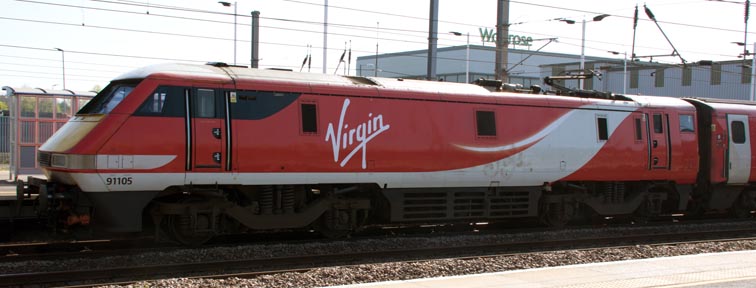 Virgin East Coast class 91105 in platform 3 at Peterborough railway station 