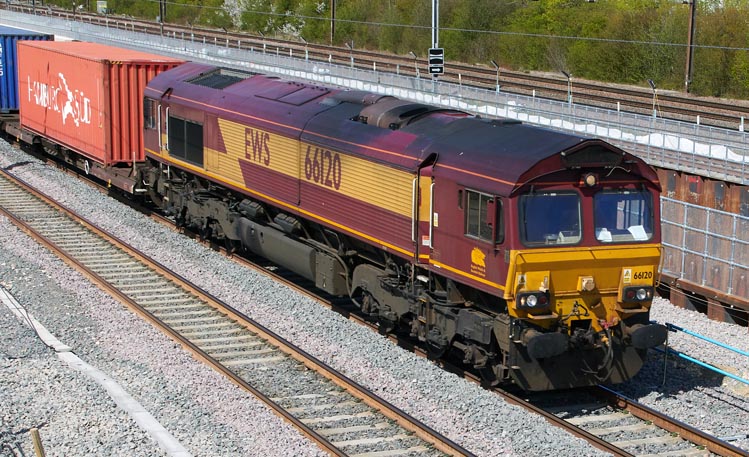 DB class 66120 on the up Leicester to Peterborough line at Werrington on the 26th April 2021