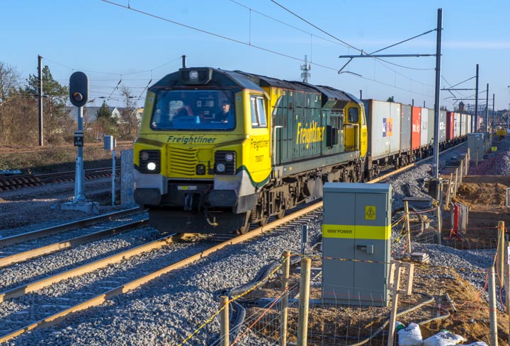 Freightliner class 70007 on the new track at Werrington 