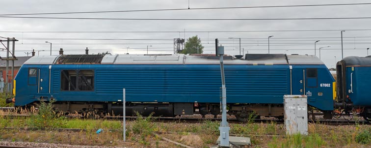 Class 67002 in platform 2 at Peterborough station on the 25th September in 2021