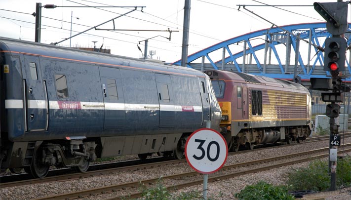 failed East Coast Train with 67021 at the signal on up fast waiting to take it south. 