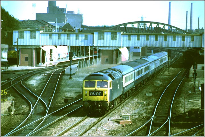 A  Class 47 on a down train on down fast at Peterborough station